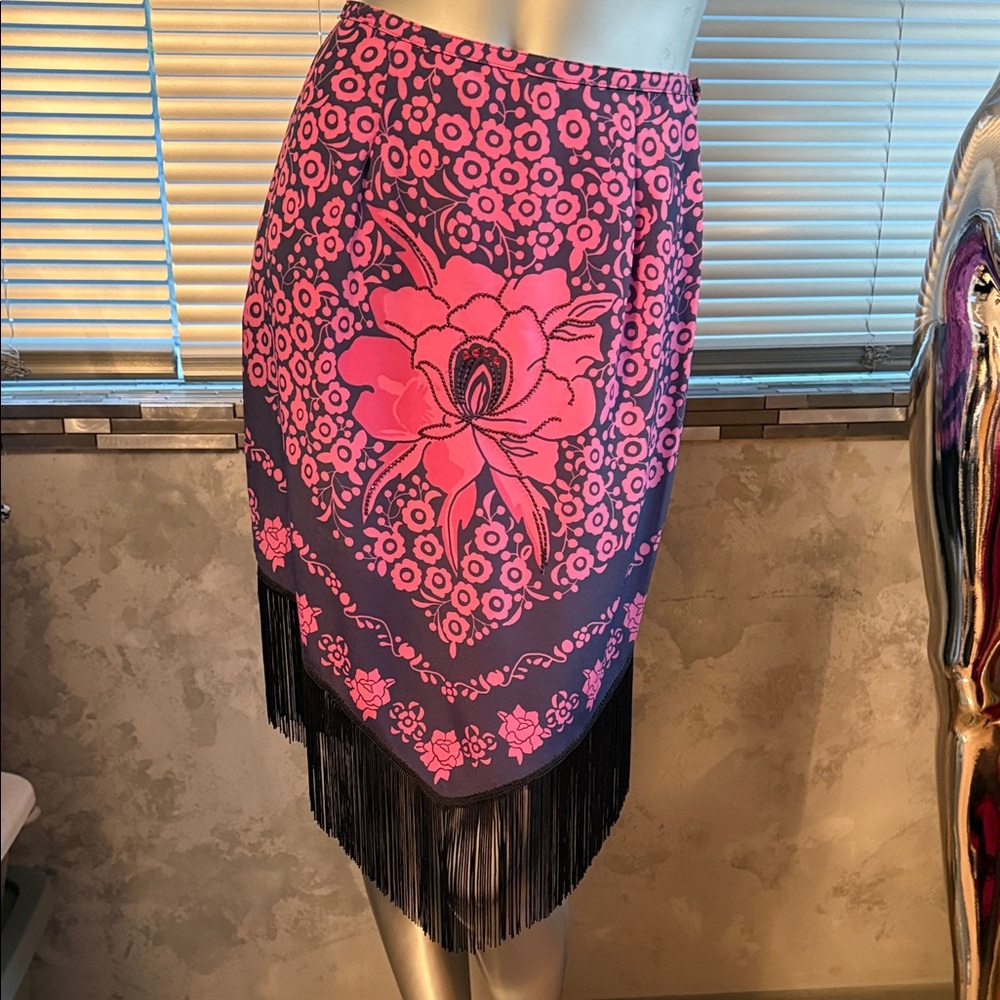 Floral Pink and Black Fringe Skirt